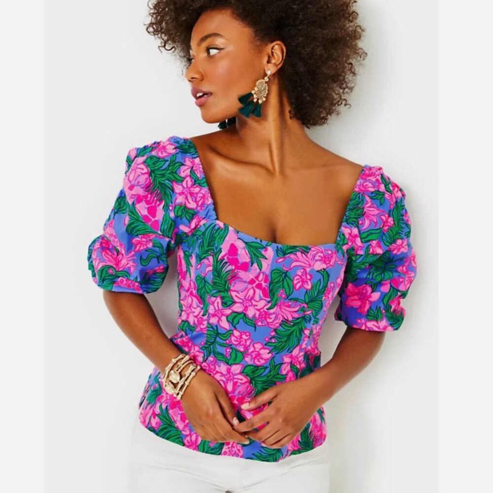 Lilly Pulitzer Bitsy Stretch Cotton Top 10 Cerise Floral Cinched Sleeves